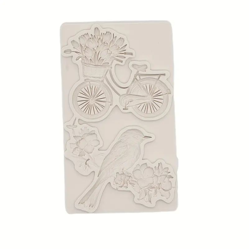 Silicone Craft Accent Mold. A bird perched on flowering branch with bicycle