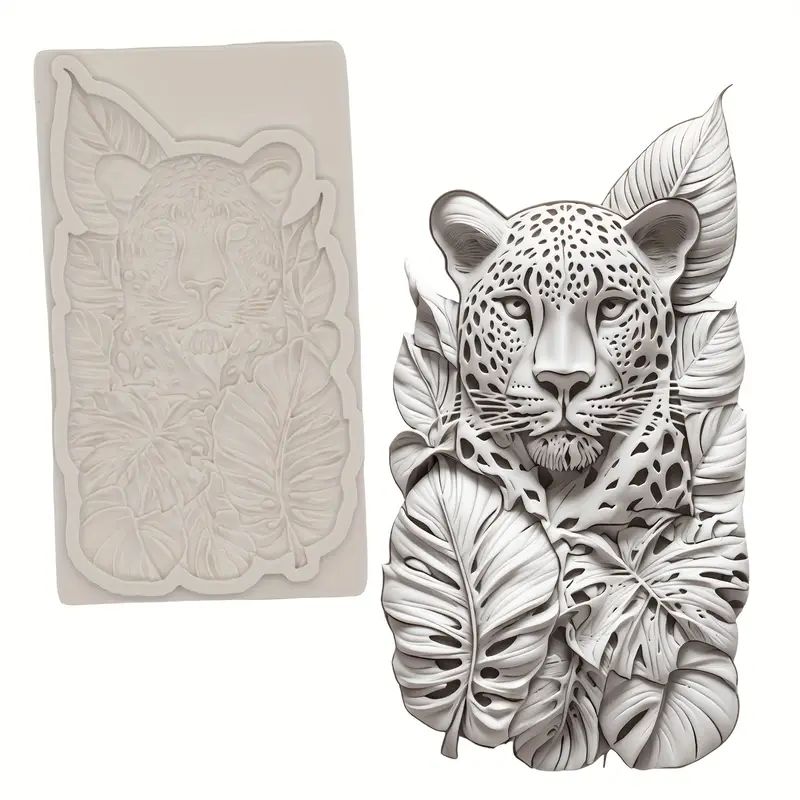 Silicone Craft Accent Mold. Leopard with tropical leaves