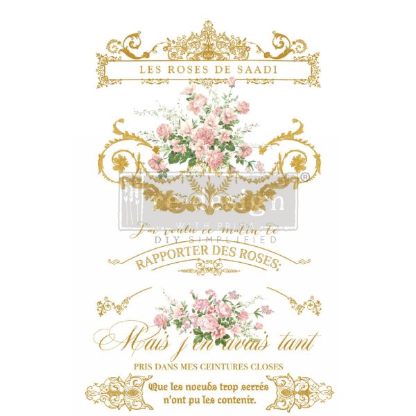 Vintage Pink Roses on gold italian script on cream Decor transfer from ReDesign with Prima