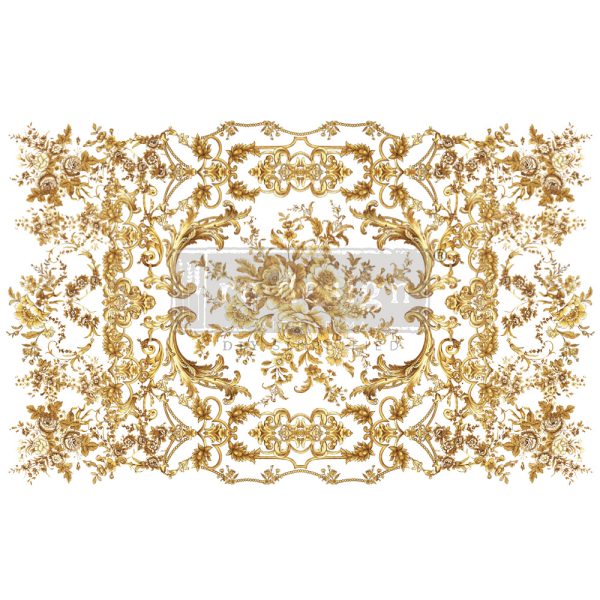 Gold floral swirls. ReDesign with Prima Kacha Orleans  Decor Transfers® are easy to use rub-on transfers for Furniture and Mixed Media uses. Simply peel, rub-on and transfer