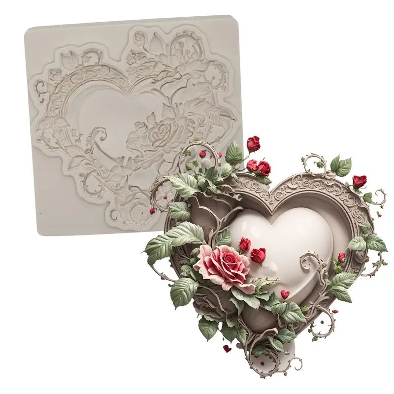 Silicone Craft Accent Mold. Framed heart with vining roses