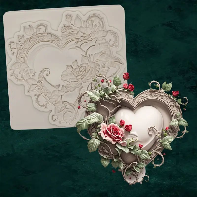 Silicone Craft Accent Mold. Framed heart with vining roses