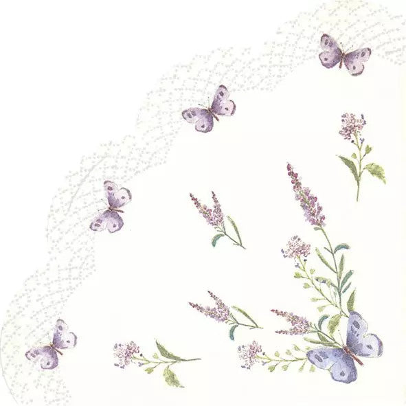 Purple lavender flowers and butterflies Round paper napkin for decoupage.