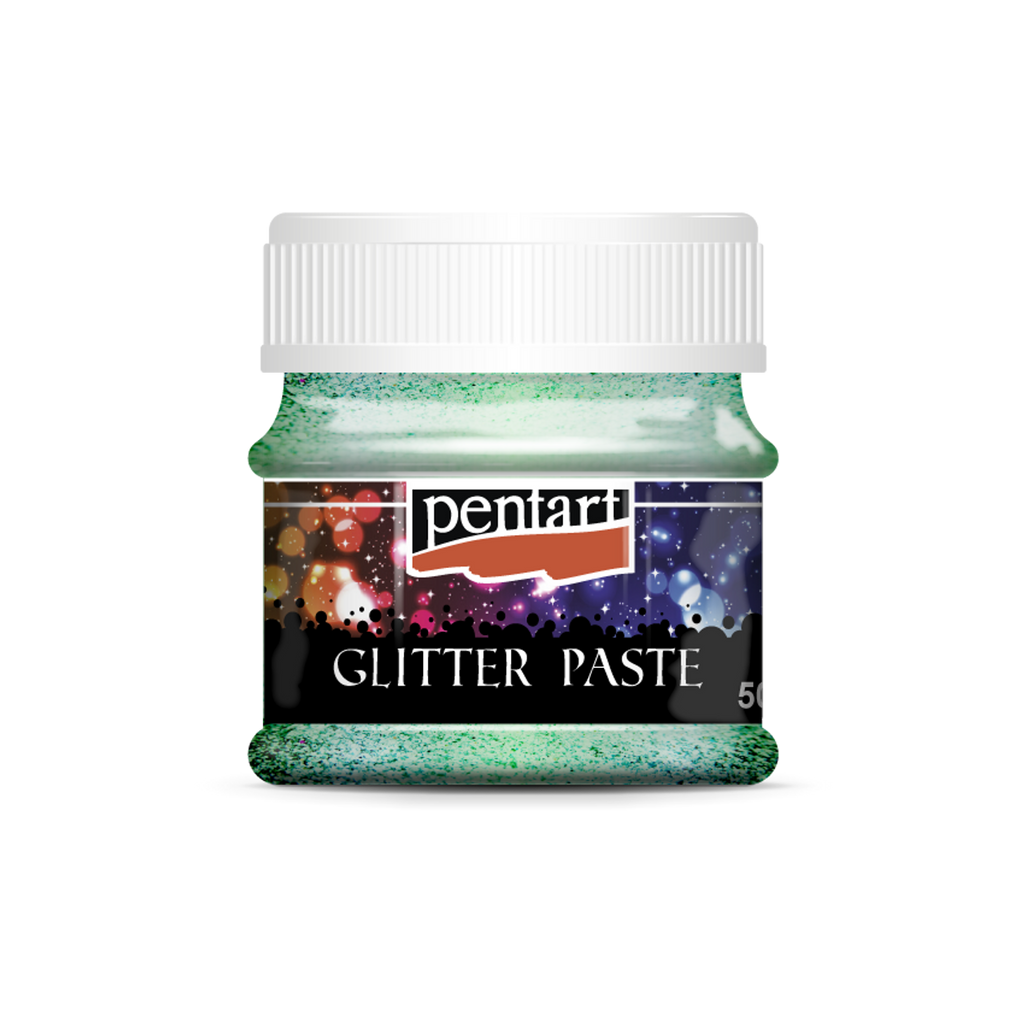 glitter paint of light green in clear jar with white top from Pentart