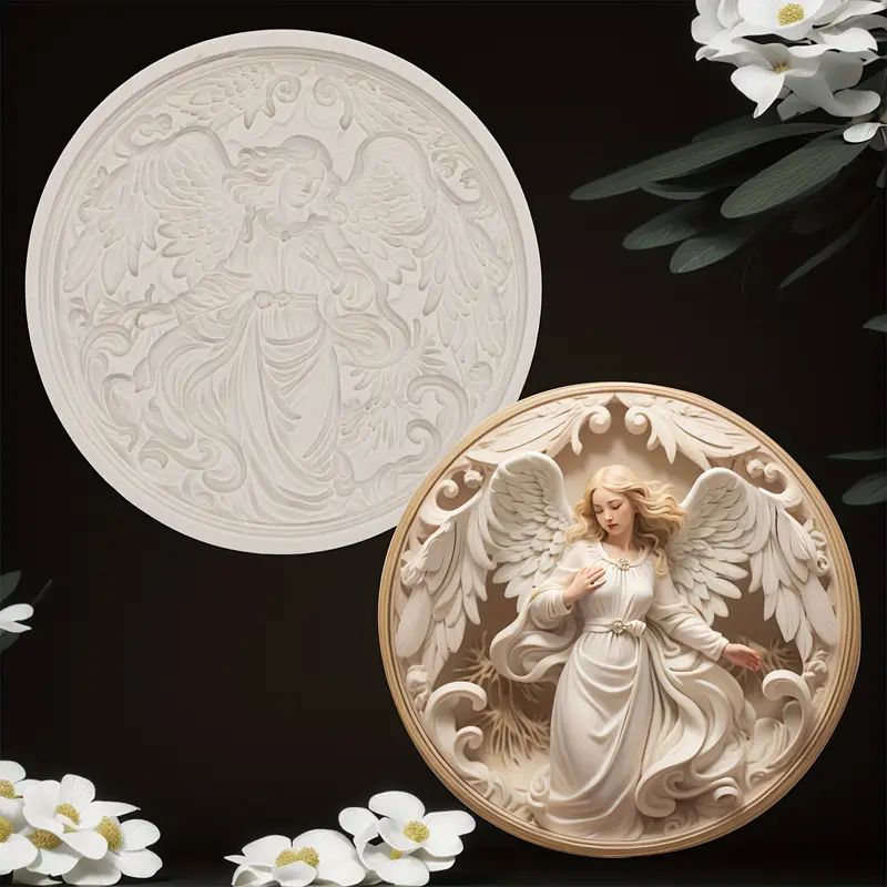 Silicone Craft Accent Mold. Angel with wings in circle medallion