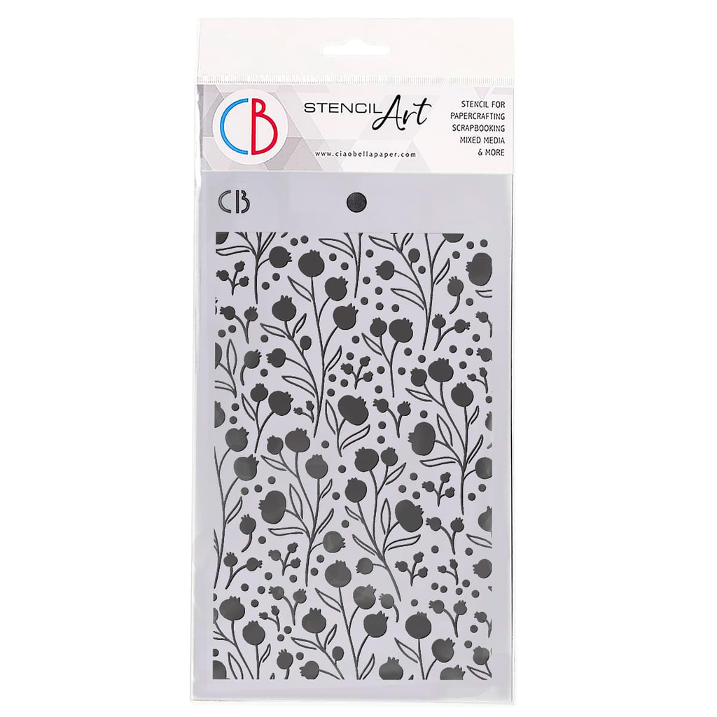 Floral patterned stencil with CB logo on packaging