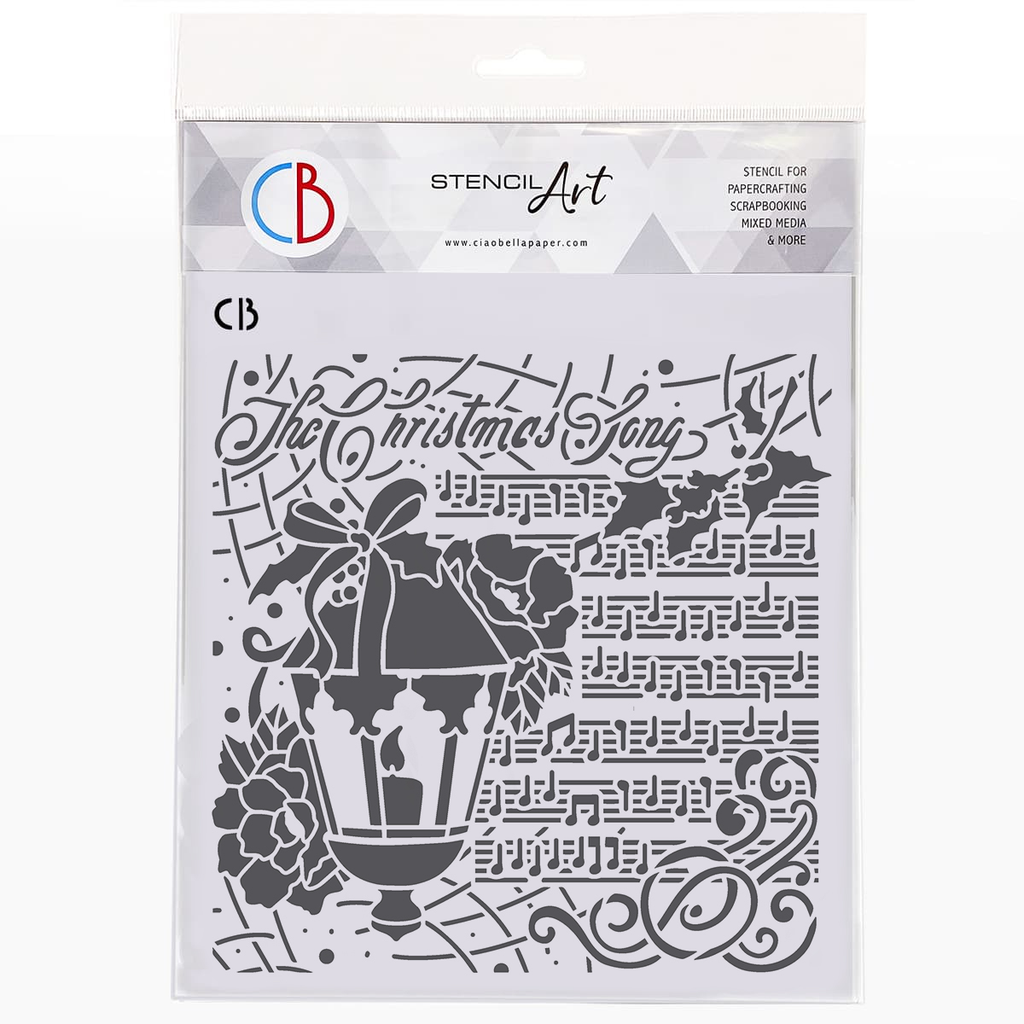 Stencil with Christmas design featuring a lantern, holly, and musical notes on a white background.