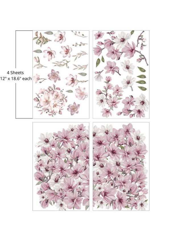 Pink Magnolia blossoms with greenery by Belles and Whistles Rub on Transfer Decal