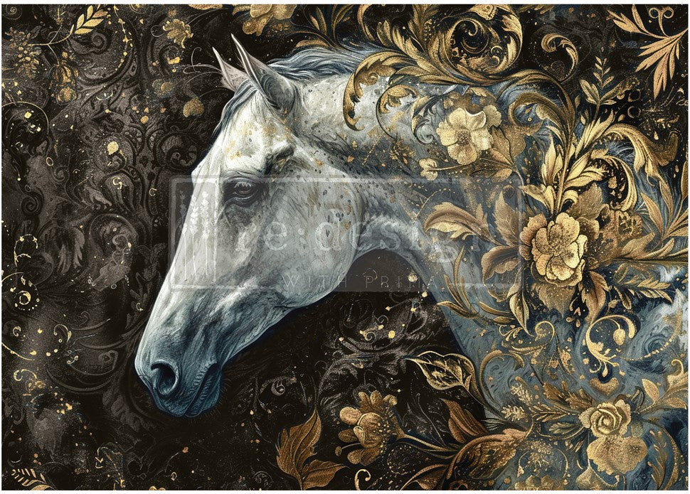 ReDesign with Prima's Majestic Gallop A1 size Tear Resistant Decoupage Paper  with White horse surrounded in gold floral pattern.
