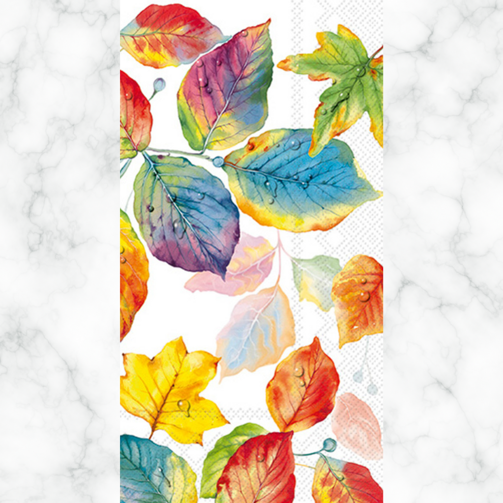 Colorful blue yellow orange leaves Autumn themed paper napkin for decoupage. 