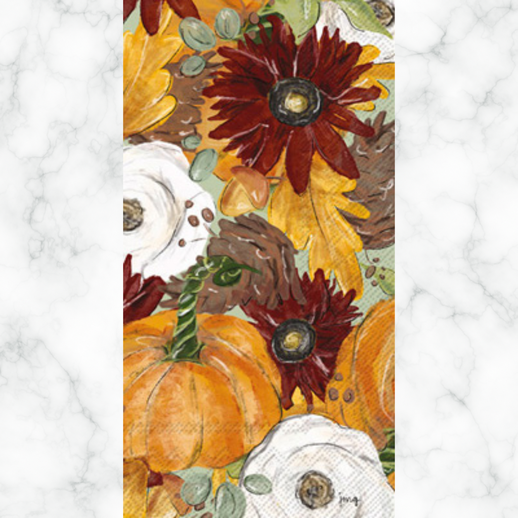 orange burgundy florals & pumpkins Autumn themed paper napkin for decoupage. 