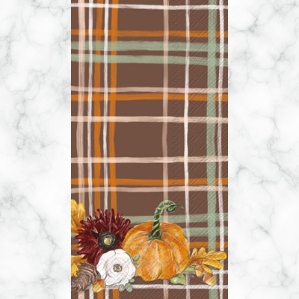 Pumpkins on brown orange plaid Autumn themed paper napkin for decoupage. 