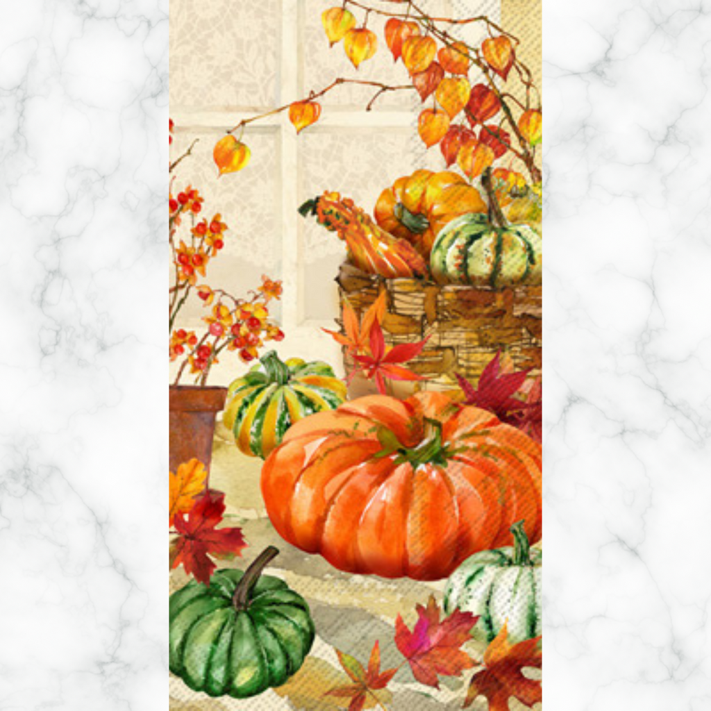 Orange & green gords pumpkins Autumn themed paper napkin for decoupage. 