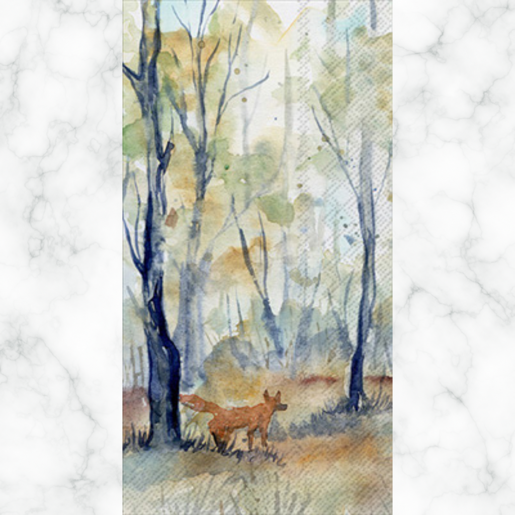 Fox in grey forest Autumn themed paper napkin for decoupage. 