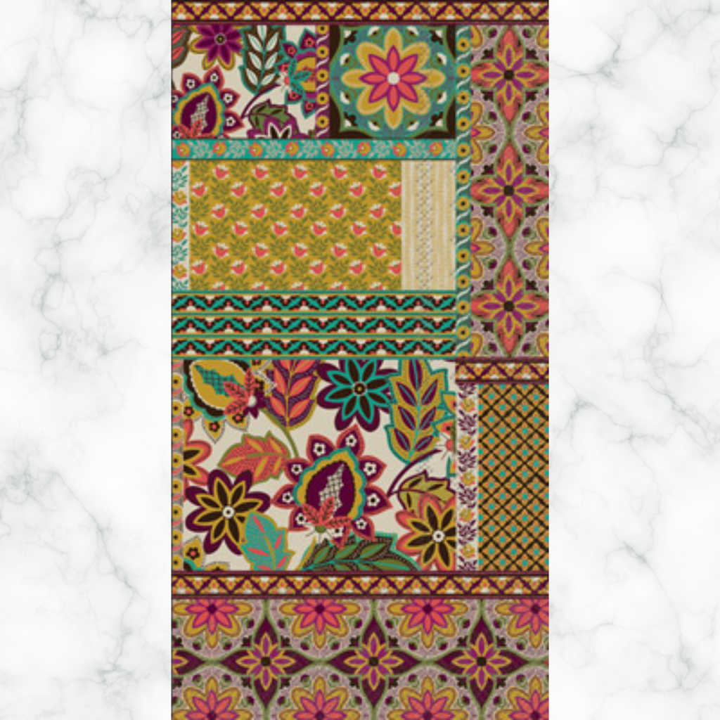 Brown green pink patchwork pattern Autumn themed paper napkin for decoupage. 