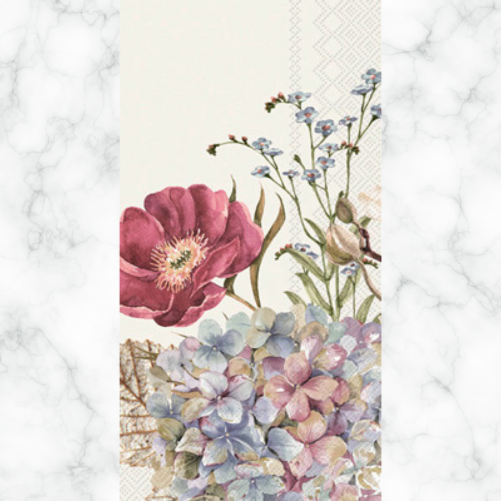 Burgundy and blue floral Autumn themed paper napkin for decoupage. 