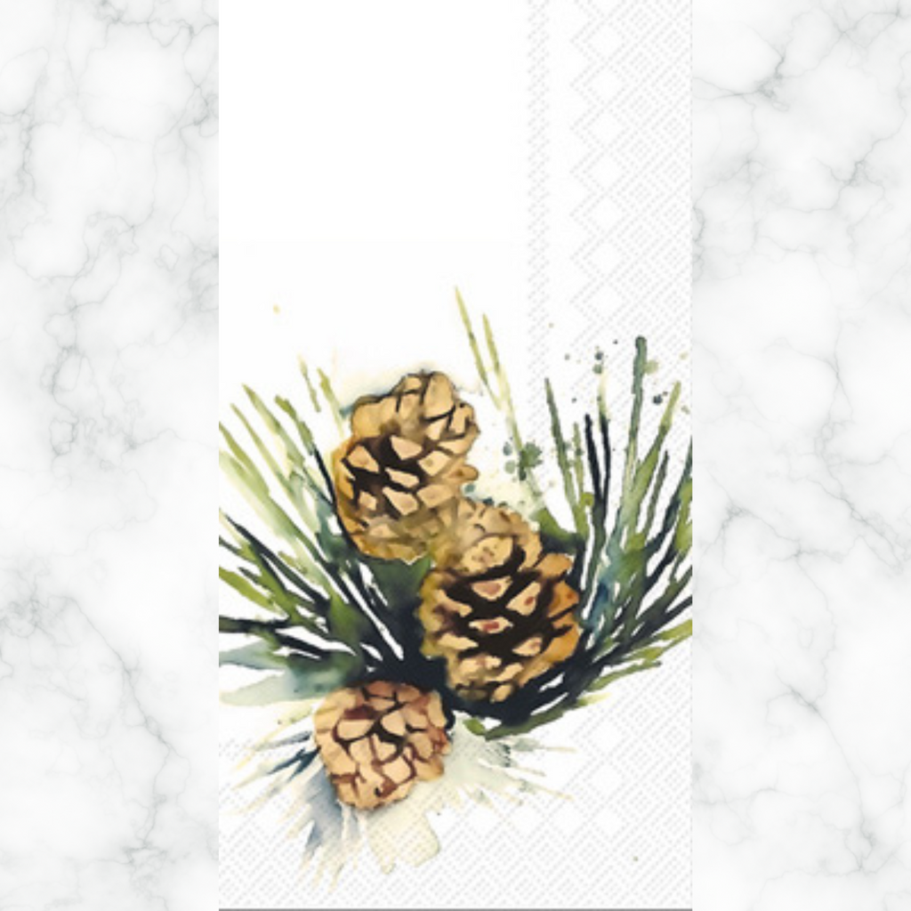 Pinecones in spruce branch Autumn themed paper napkin for decoupage. 