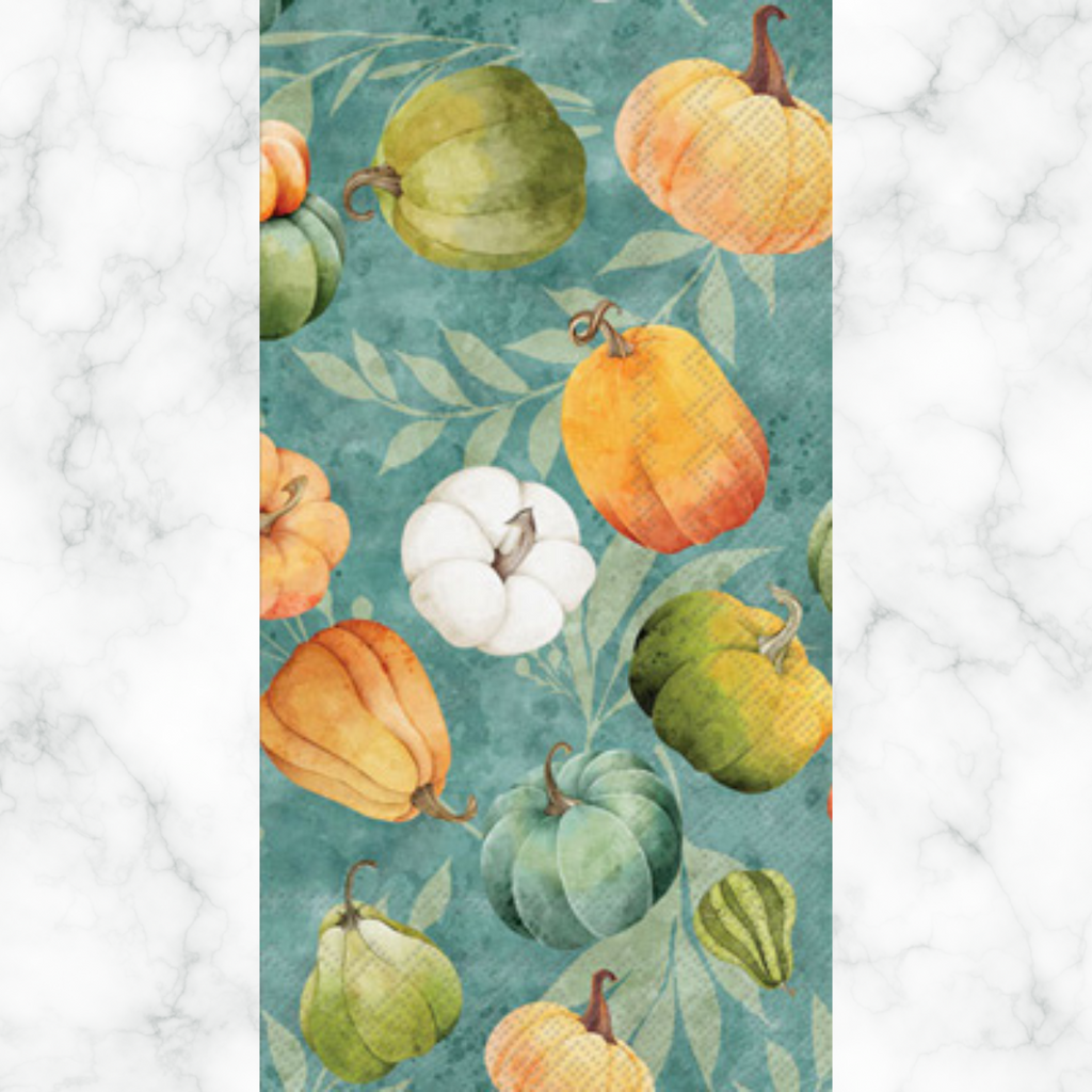 Green & orange pumpkins all over Autumn themed paper napkin for decoupage. 