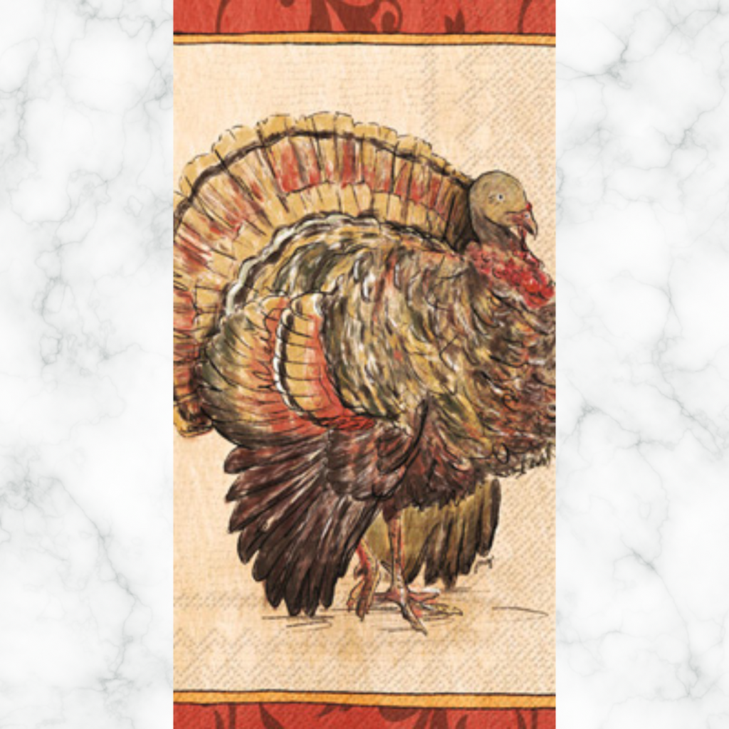 Large brown orange turkey Autumn themed paper napkin for decoupage. 