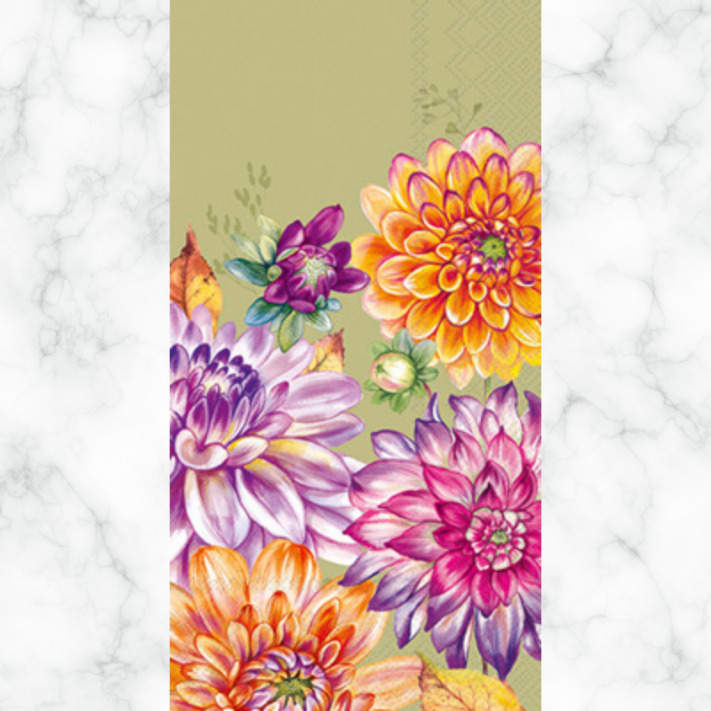 Orange and purple floral on olive background Autumn themed paper napkin for decoupage. 