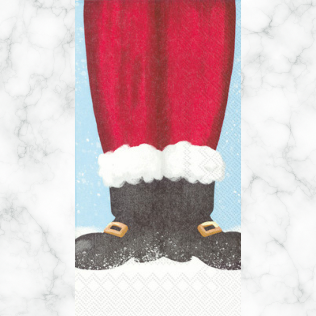 Christmas decoupage napkin with Santa red legs and black boots.