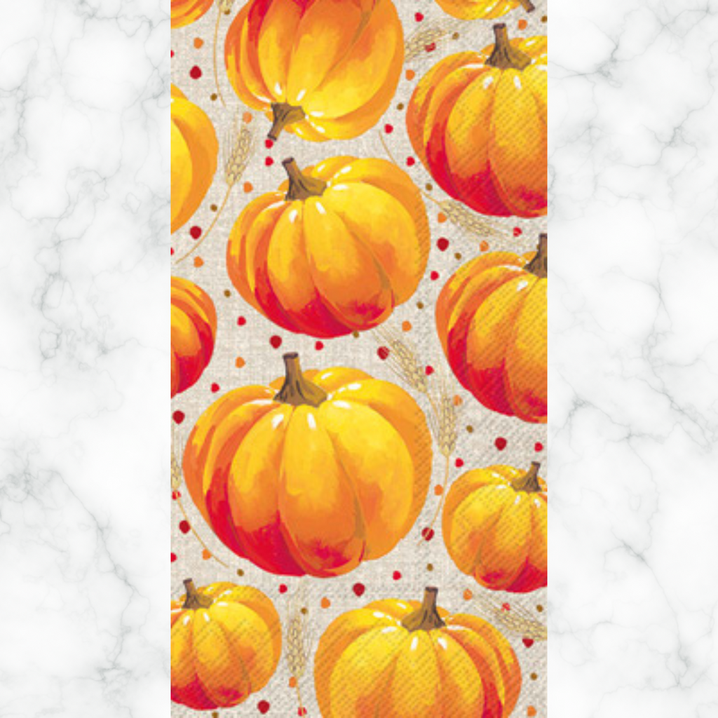 Autumn themed paper napkin for decoupage.  Orange pumpkins and orange red polka dots.