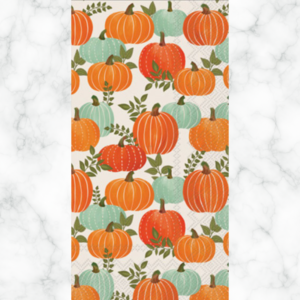 Autumn themed paper napkin for decoupage. Orange and green pumpkins.