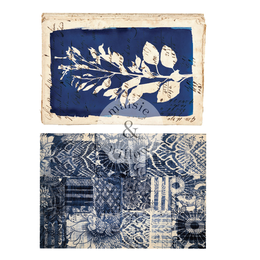 ReDesign with Prima Marine Prints Decor Transfers® are easy to use rub-on transfers for Furniture and Mixed Media uses. Blue and Cream leafy and floral patterns.