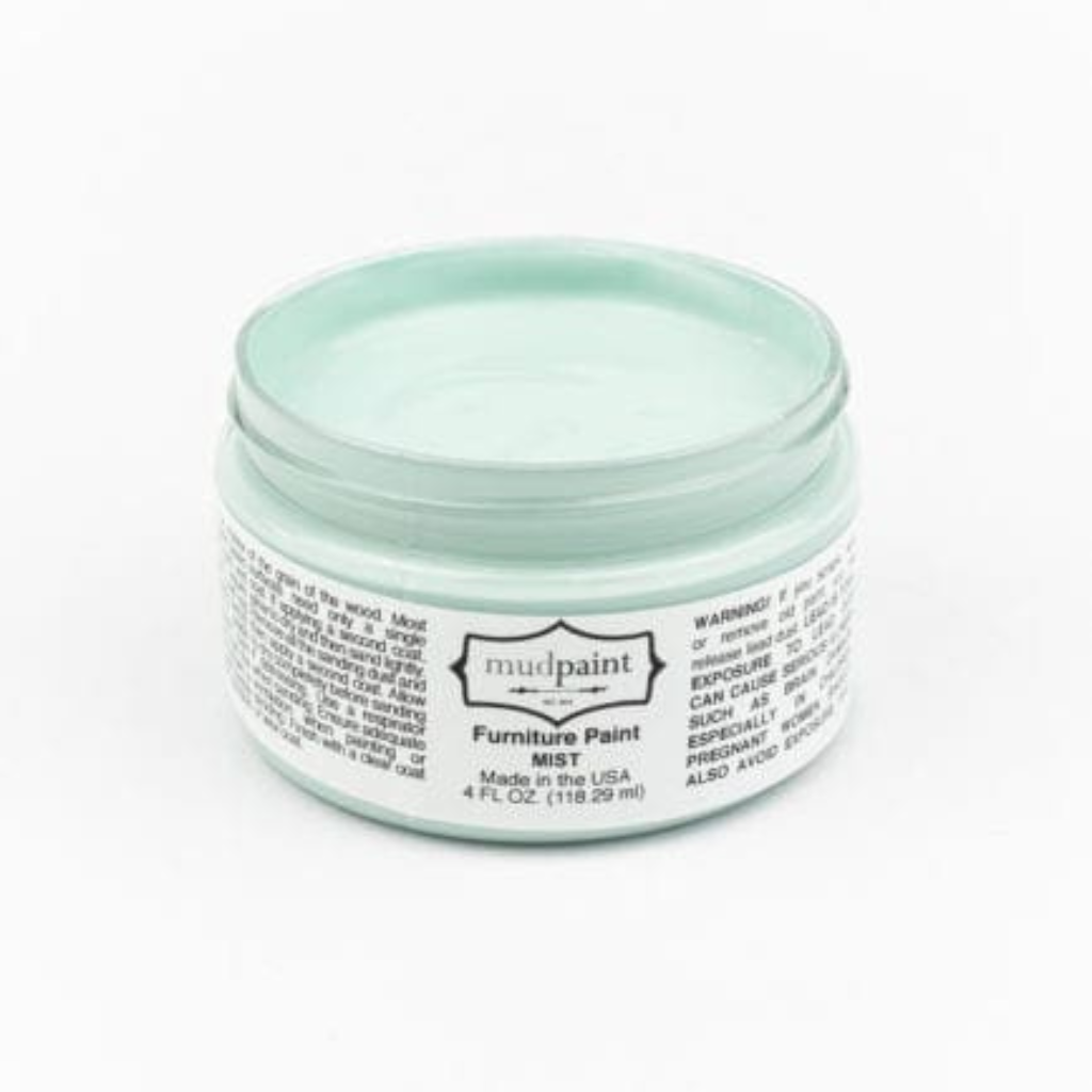 Light blue green Mist Clay paint by Mudpaint. Colored paint in 4 oz jar