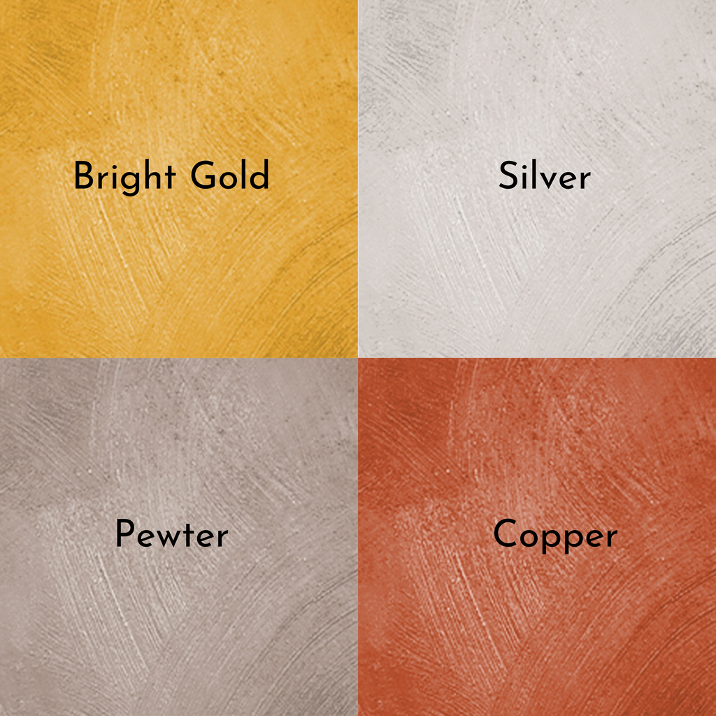 Four paint swaths of Polyvine Metallic Paint in Bright Gold, Silver, Pewter and Copper.