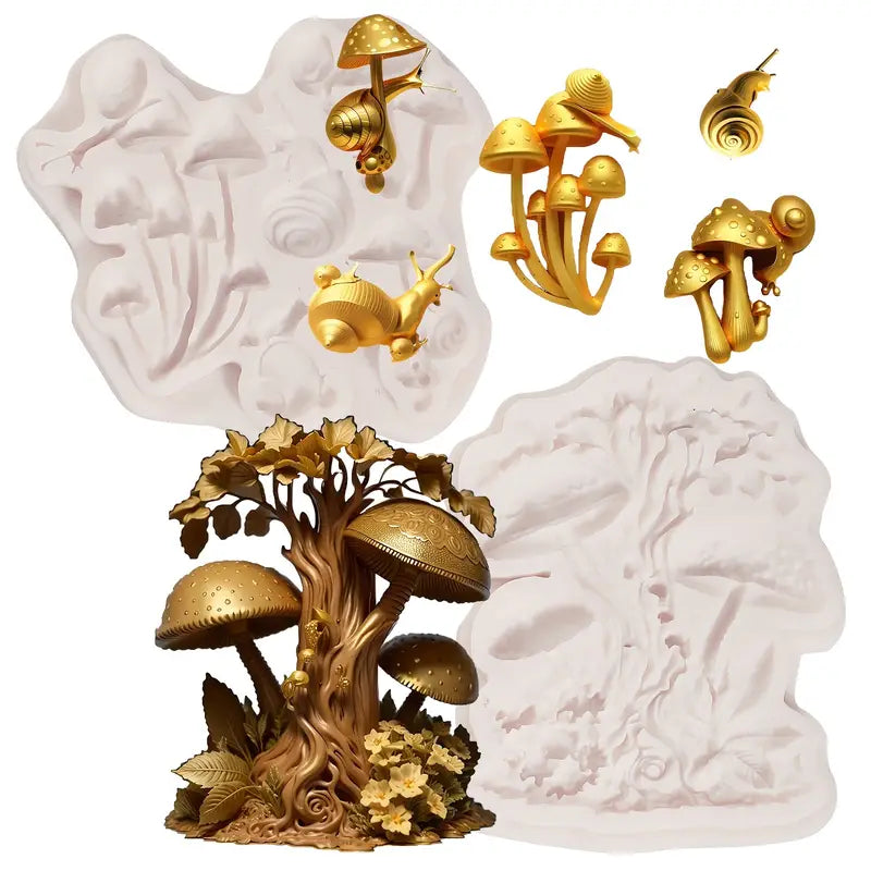 Decorative items including gold mushrooms and snails on a white background silicone mold