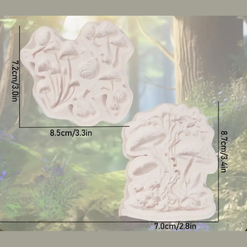 Two Silicone molds of mushrooms and snails with dimensions indicated