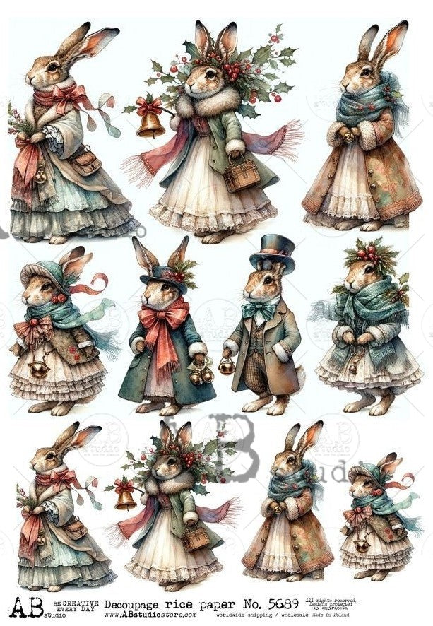 11 scenes of female bunnies standing up, wearing victorian age christmas clothing. AB Studio A4 Rice Paper for Decoupage art.