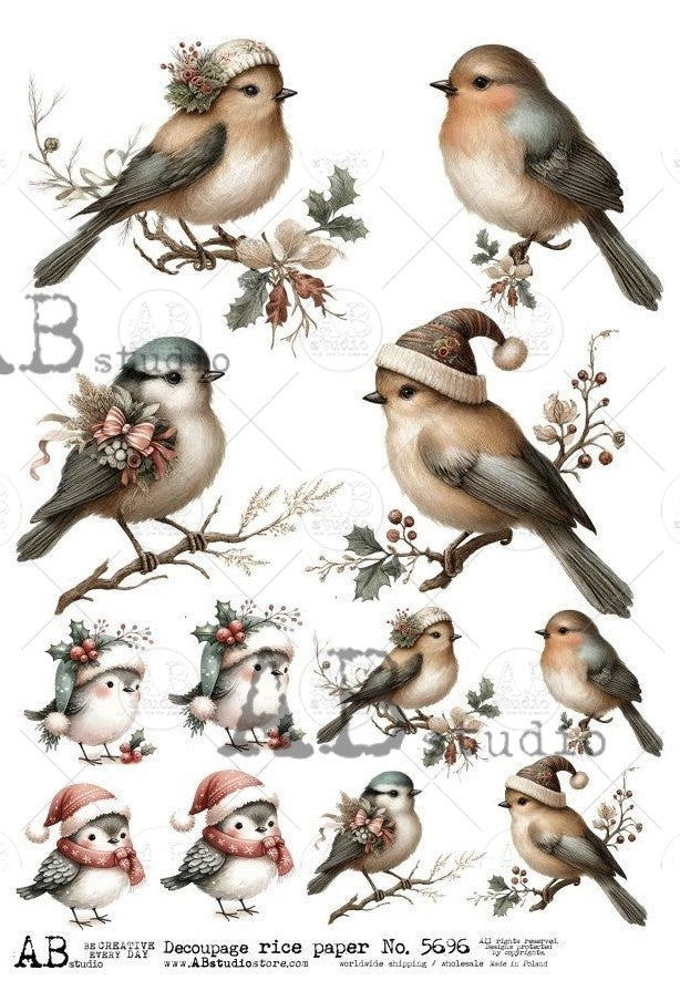 12 images of birds on holly branches, some wearing sweater hats. AB Studio A4 Rice Paper for Decoupage art.