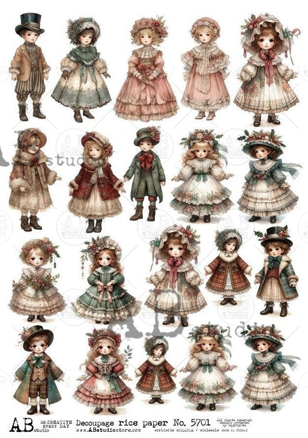 20 scenes of vintage children dressed for Christmas in victorian period clothing. AB Studio A4 Rice Paper for Decoupage art.