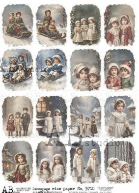 16 scenes of vintage victorian children in snow. Holiday themed. AB Studio A4 Rice Paper for Decoupage art.