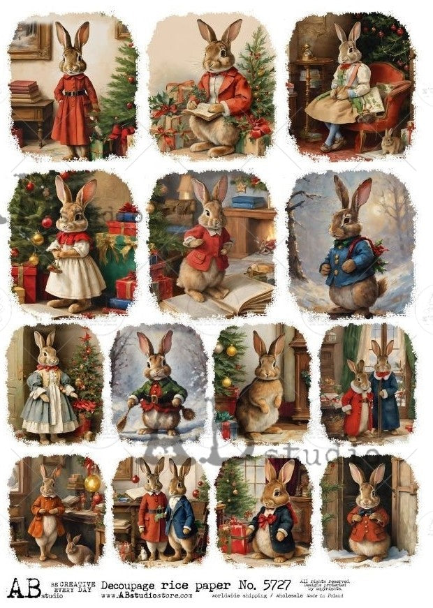 15 scenes of upgright rabbits standing on feet, wearing human clothing. Vintage holiday theme. AB Studio A4 Rice Paper for Decoupage art.