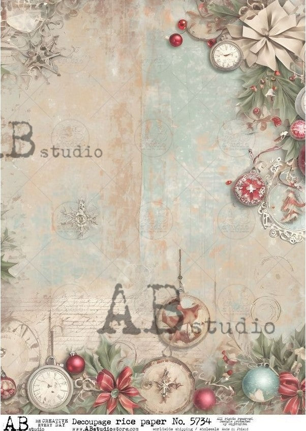 Christmas greenery, ornaments, bows and stop watches frame a vintage beige aqua background. AB Studio A4 Rice Paper for Decoupage art.