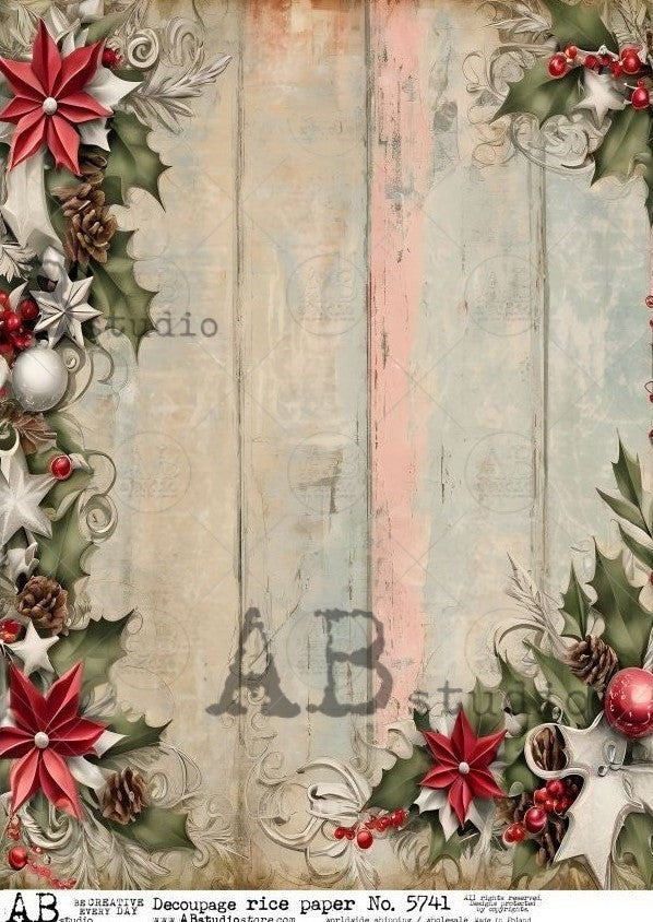 Poinsettia and greenery framing a piece of old weathered wood. AB Studio A4 Rice Paper for Decoupage art.