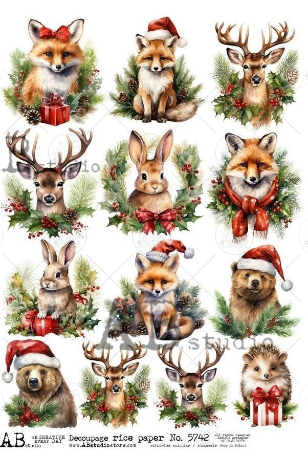 13 scenes of wildlife; fox, deer, bear, bunny and hedgehog in winter wreaths and Santa hats. AB Studio A4 Rice Paper for Decoupage art.