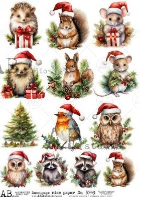  13 scenes of forest animals wearing Christmas santa hats. AB Studio A4 Rice Paper for Decoupage art.