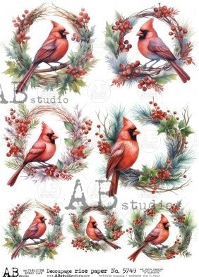 7 wreaths adorned in red berries and greenery with red cardinals. AB Studio A4 Rice Paper for Decoupage art.