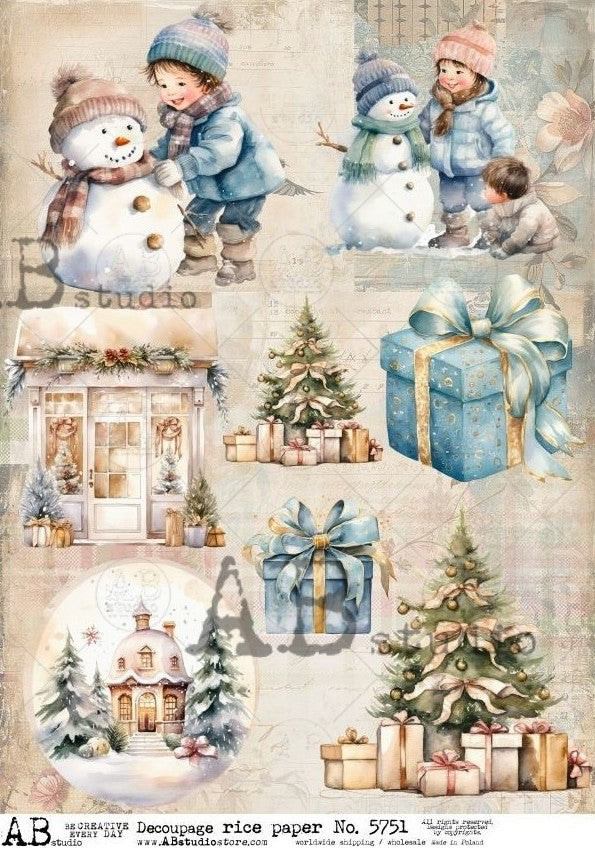 8 scenes of blue green on tan background. Christmas theme with snowman, small children and tree. Vintage look. AB Studio A4 Rice Paper for Decoupage art.