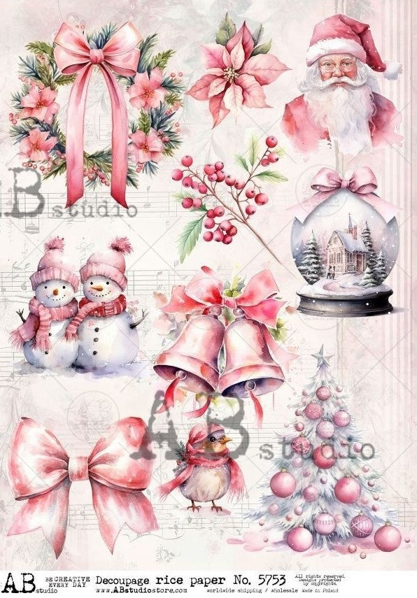 10 elements of pink Christmas with Santa, wreath, snow globe, bells, bows, tree and snowmen. AB Studio A4 Rice Paper for Decoupage art.