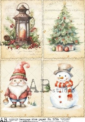 Four scenes on beige background; holiday lantern, Christmas tree, gnome elf and Snowman. AB Studio A4 Rice Paper for Decoupage art.