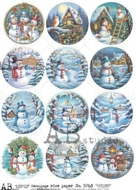 12 round scenes of snowman in wintry forest. AB Studio A4 Rice Paper for Decoupage art.