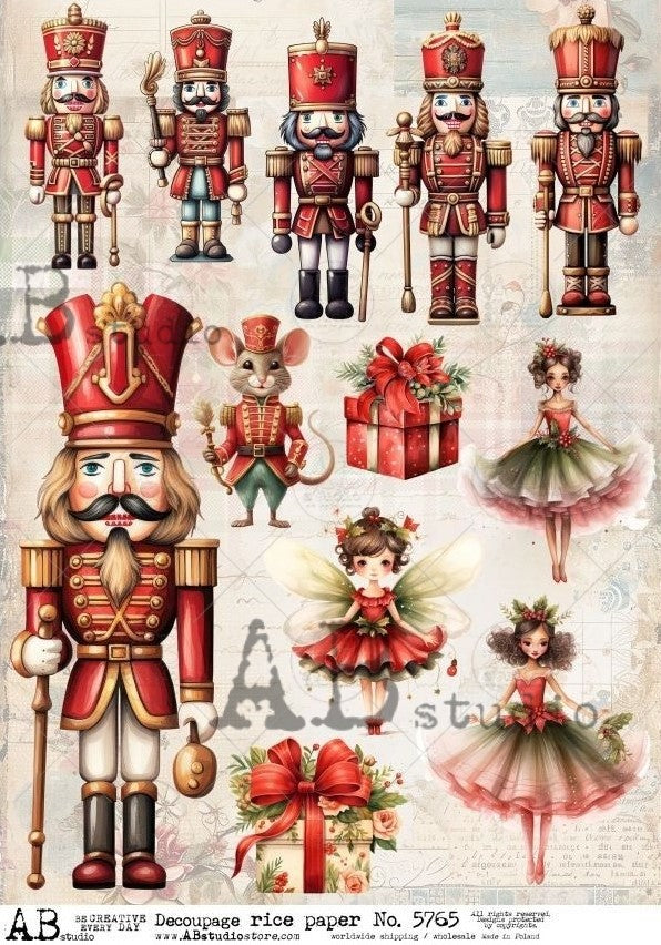 Multi sized images of red holiday toy soldier nutcrackers and ballerinas. AB Studio A4 Rice Paper for Decoupage art.