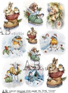 10 scenes of bunnies, dogs, birds and lamb in holiday snow and santa boot. AB Studio A4 Rice Paper for Decoupage art.