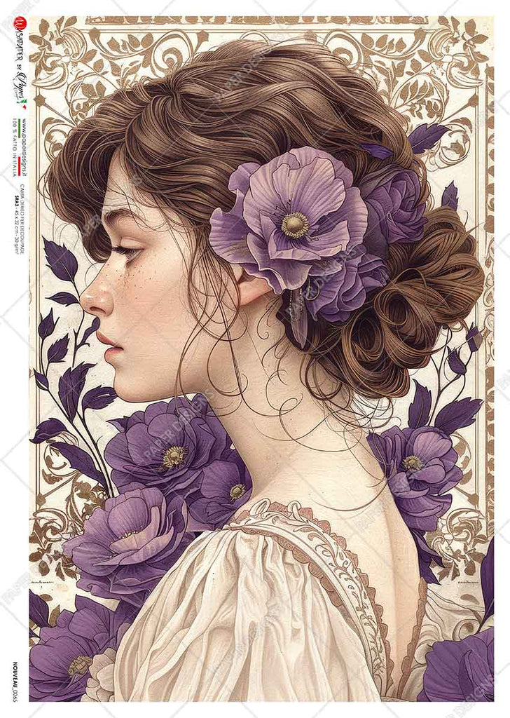 Brown haired woman in white dress with purple flowers in hair. Beautiful Rice Paper of Exquisite Quality for Decoupage crafts.