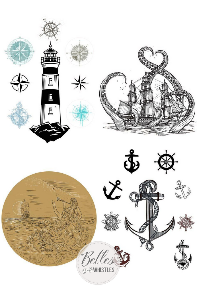 Black and white lighthouse anchor ship kraken by Belles and Whistles Rub on Transfer Decal